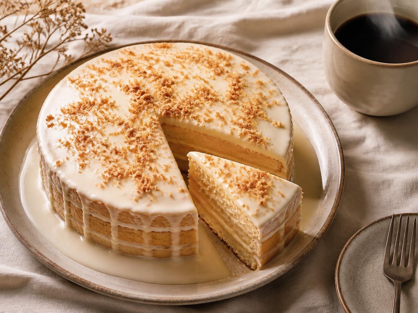 Pastel tres leches glaseado con migas doradas junto a una taza de café